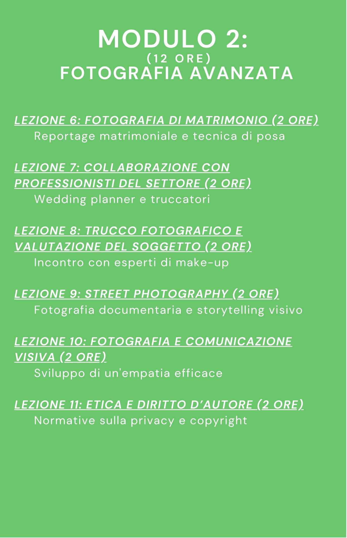 Programma dei corsi dell’Accademia Fotografica con calendario e moduli didattici