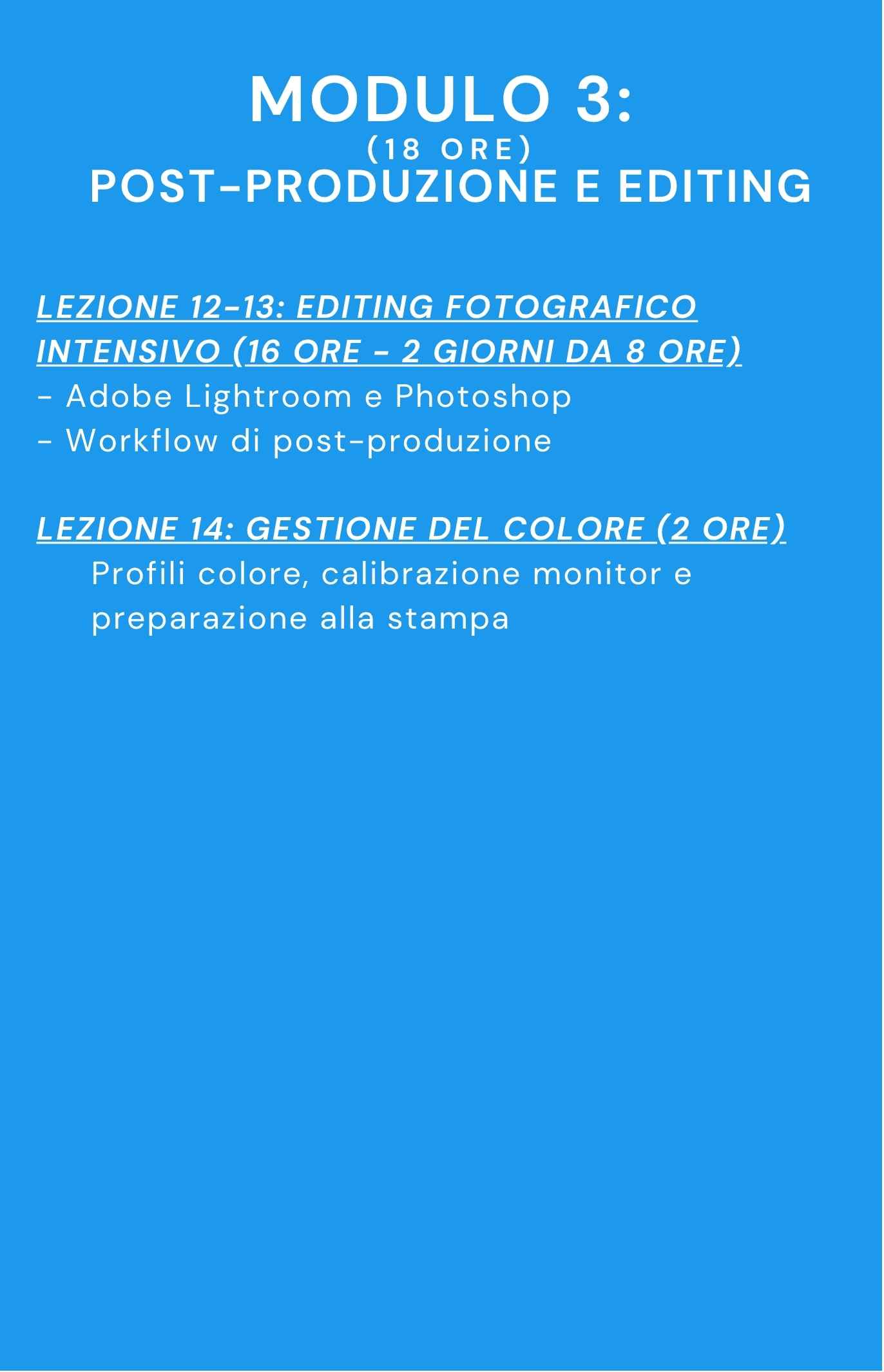Programma dei corsi dell’Accademia Fotografica con calendario e moduli didattici