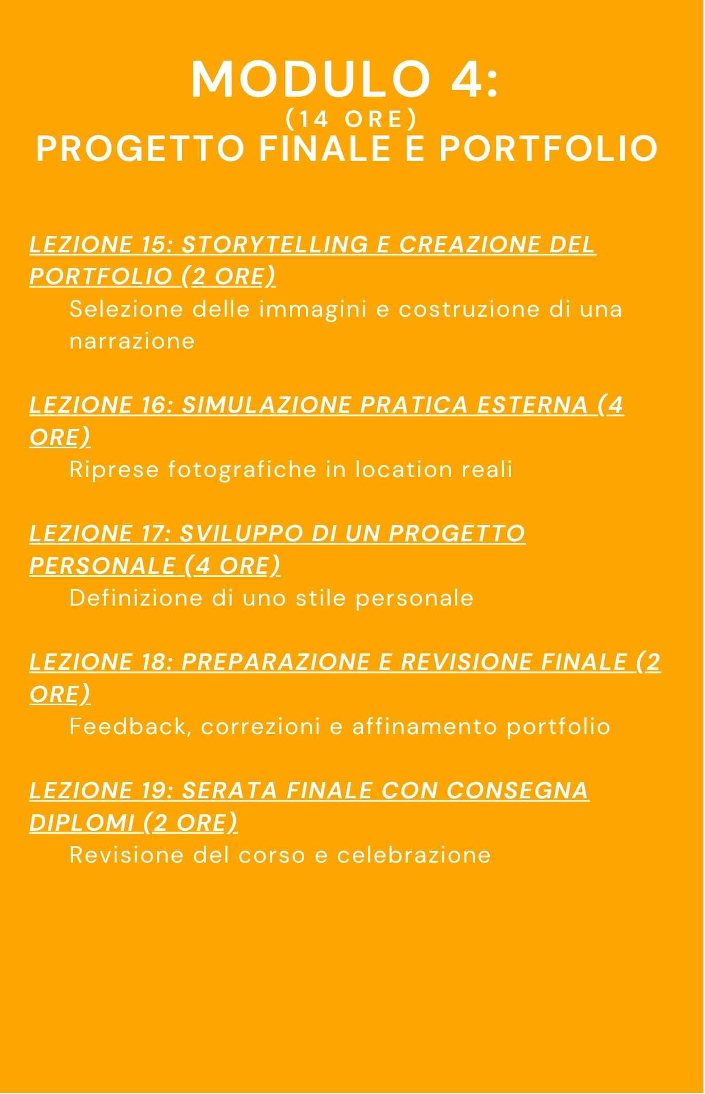 Programma dei corsi dell’Accademia Fotografica con calendario e moduli didattici