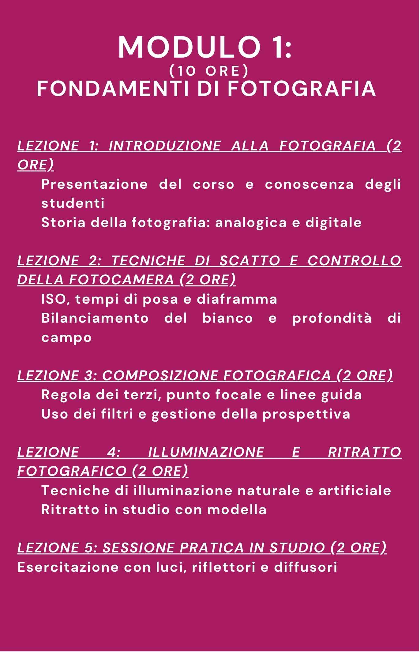 Programma dei corsi dell’Accademia Fotografica con calendario e moduli didattici